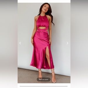 SOCIAL BUTTERFLY CUT-OUT WAIST MIDI DRESS IN FUCHSIA